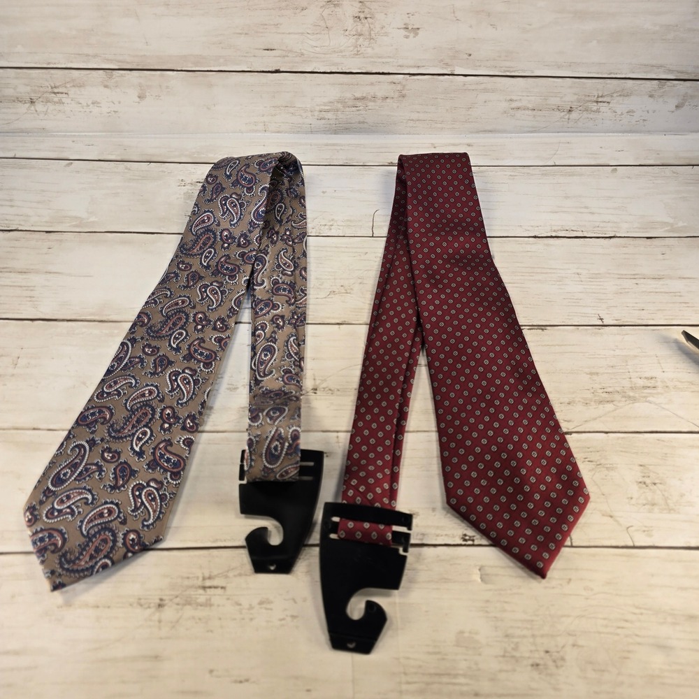 Yves Saint Laurent Silk Tie Lot 2 Burgundy Geometric & Taupe Paisley Vintage YSL